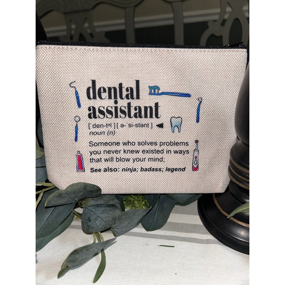 Canvas Lined Tan multipurpose Makeup bag w/ Dental Assistant theme